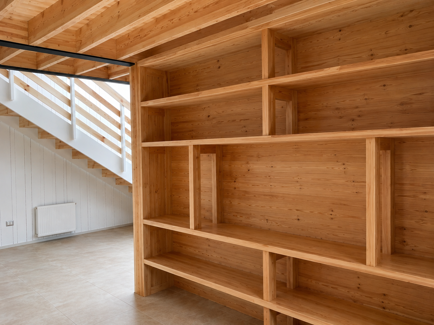 Interior luminoso de casa de madera con estilo nórdico