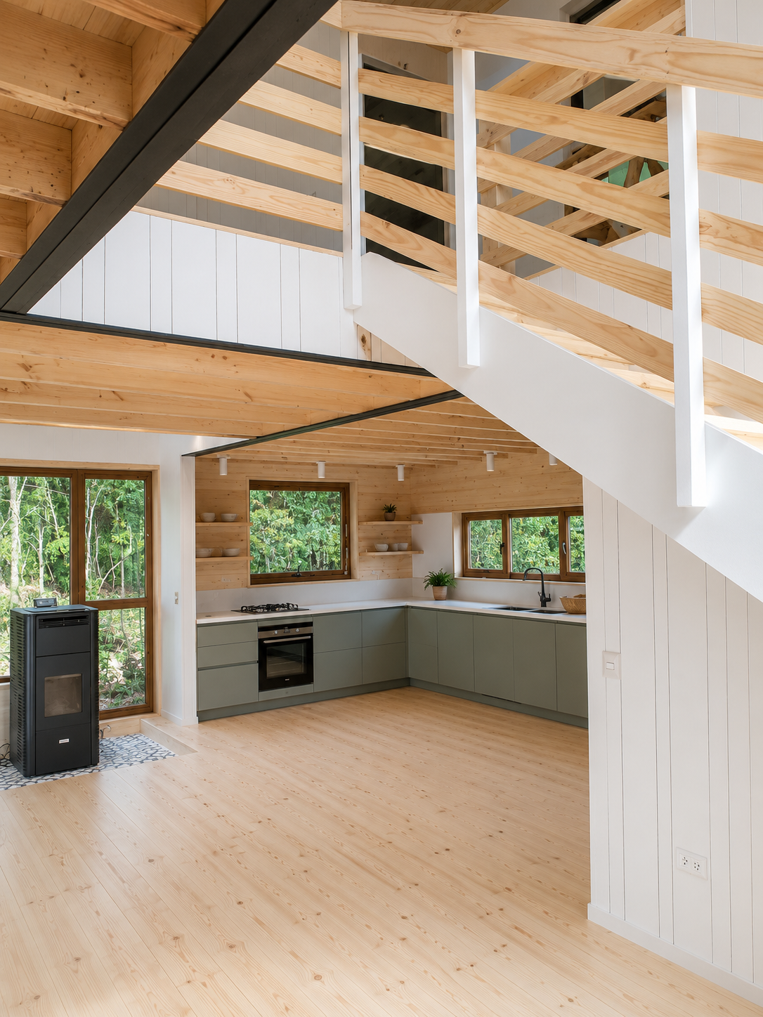 Living y cocina integrada en casa de madera premium